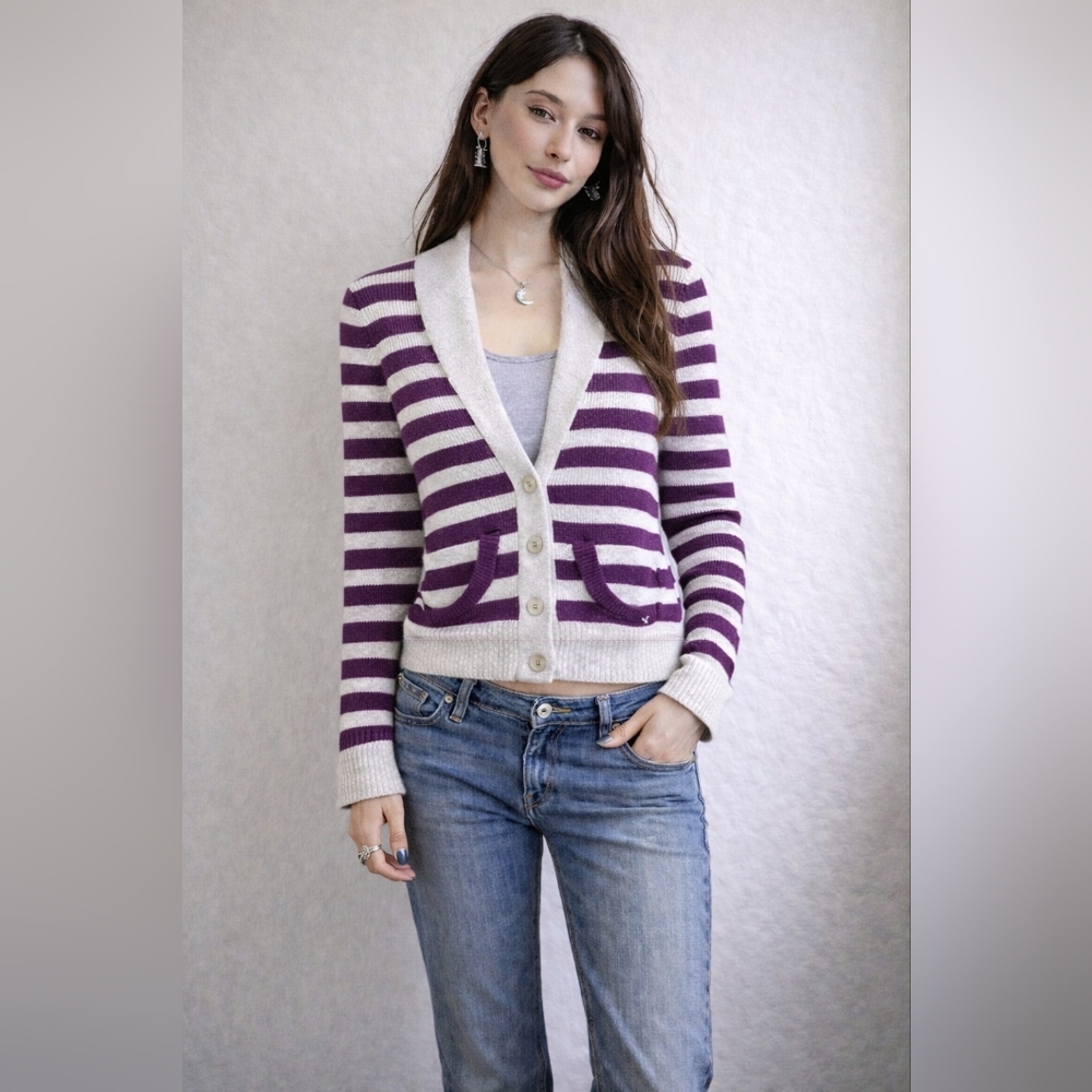 Vintage Y2K American Eagle Striped Shawl Collar Soft Grunge Cardigan, Medium